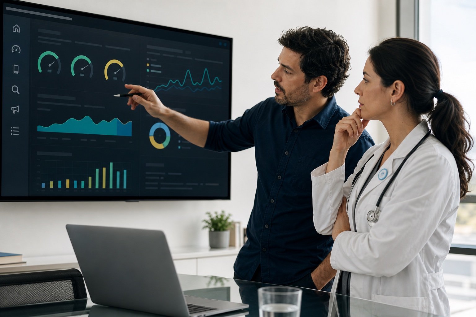 Médica y analista revisando métricas de rendimiento y oportunidades de mejora digital