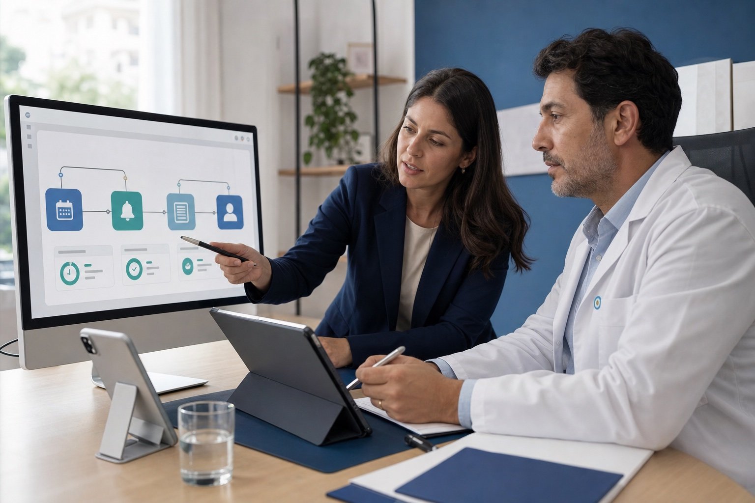 Médico argentino revisando flujos automáticos de turnos y recordatorios con una especialista