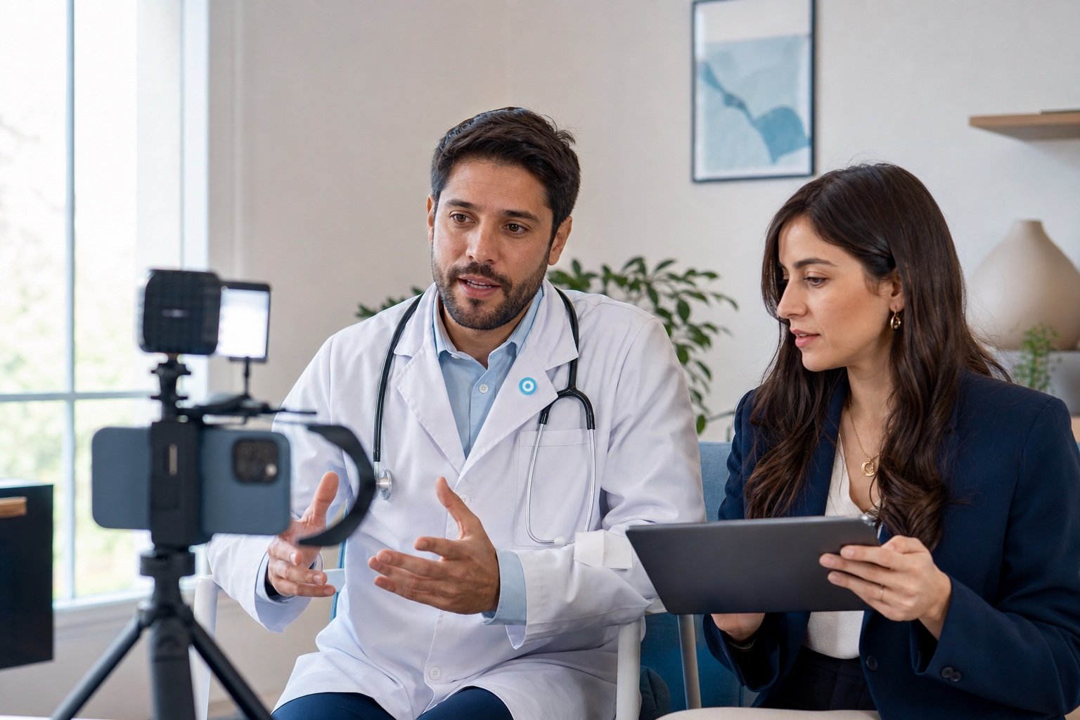 Médico argentino creando contenido educativo para redes sociales junto a una especialista