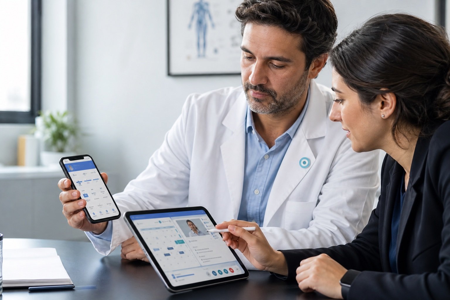 Médico y especialista digital probando una aplicación para turnos y teleconsulta