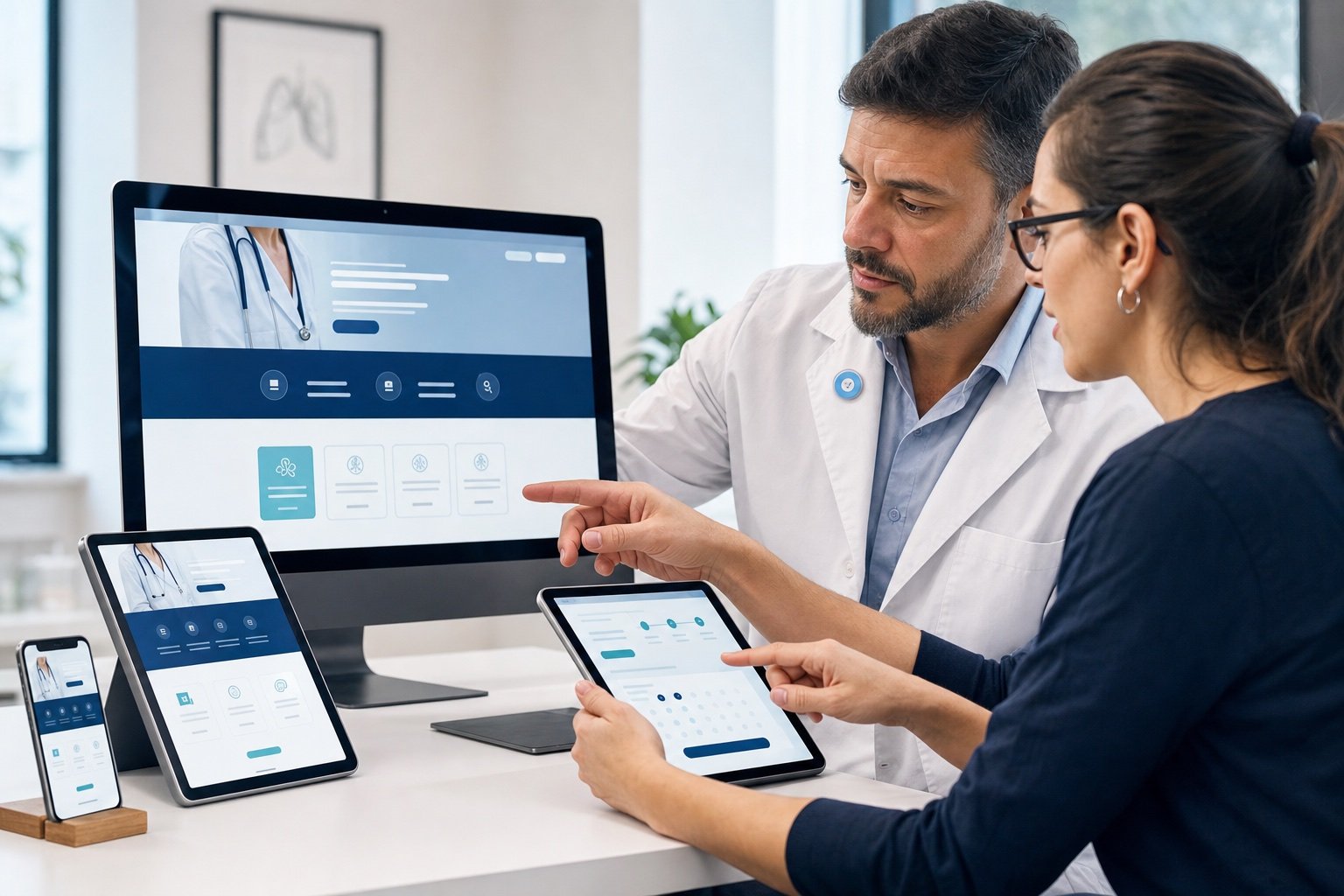 Profesional de la salud revisando un sitio web médico responsive junto a una diseñadora