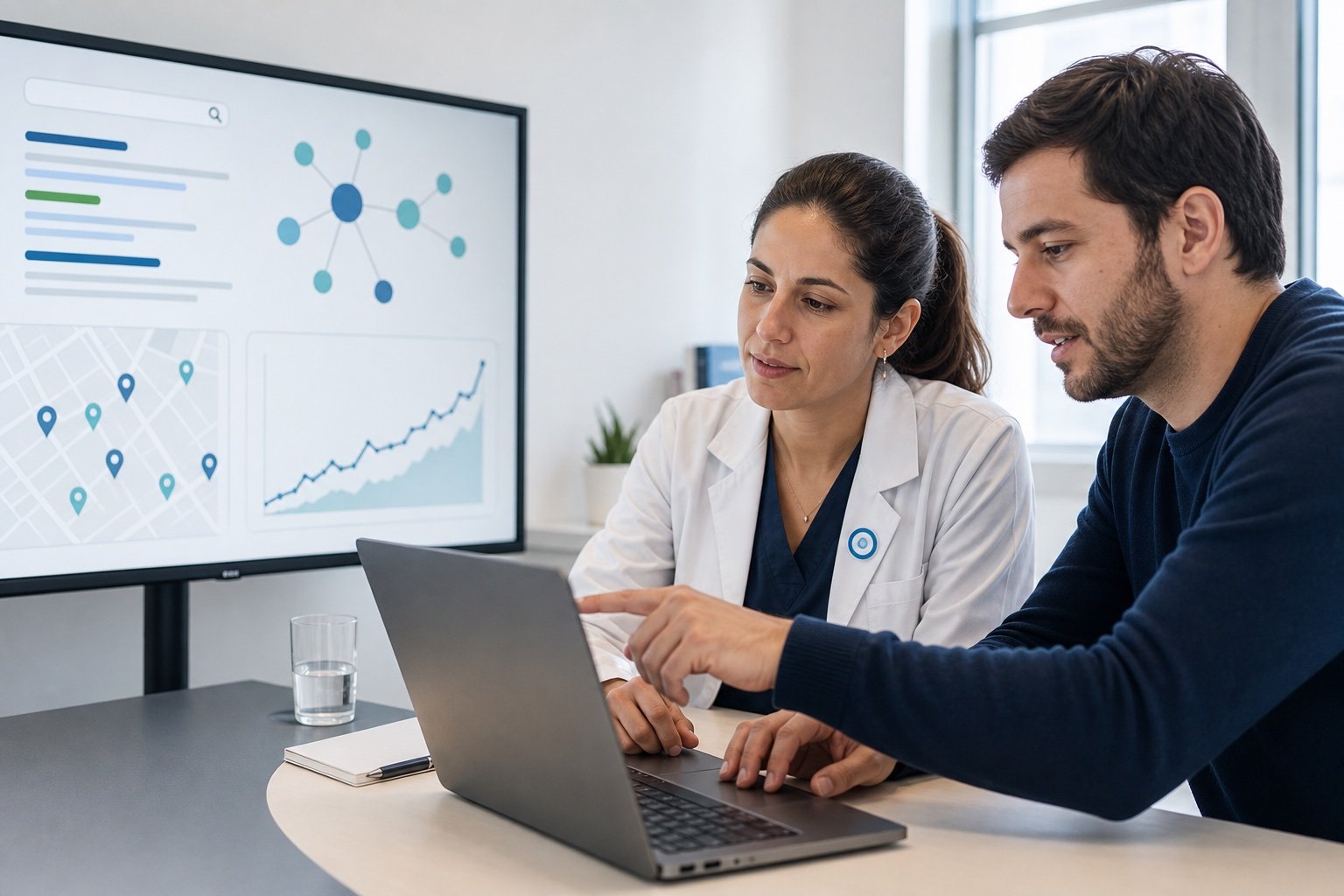 Médica argentina y especialista SEO revisando visibilidad orgánica y búsquedas locales