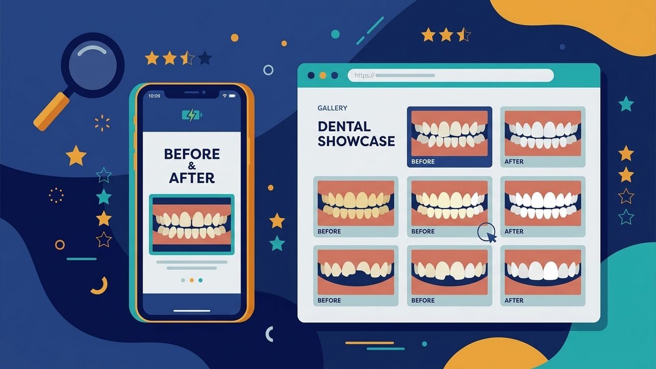 Ilustración de una galería digital de casos de estética dental con antes y después, iconos de lupa de búsqueda y estrellas de reseñas