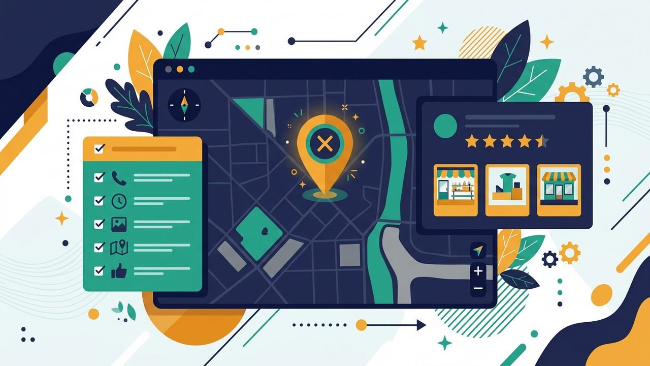 Ficha de negocio en el mapa de Google con iconos de ubicacion, estrellas de reseña y fotos alrededor de un pin de localizacion